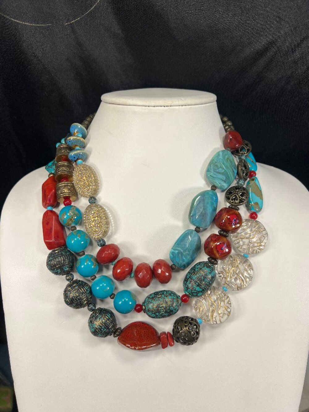 Treska Multi-Strand Beaded Bib Necklace in Turquoise, Red & Goldtone
